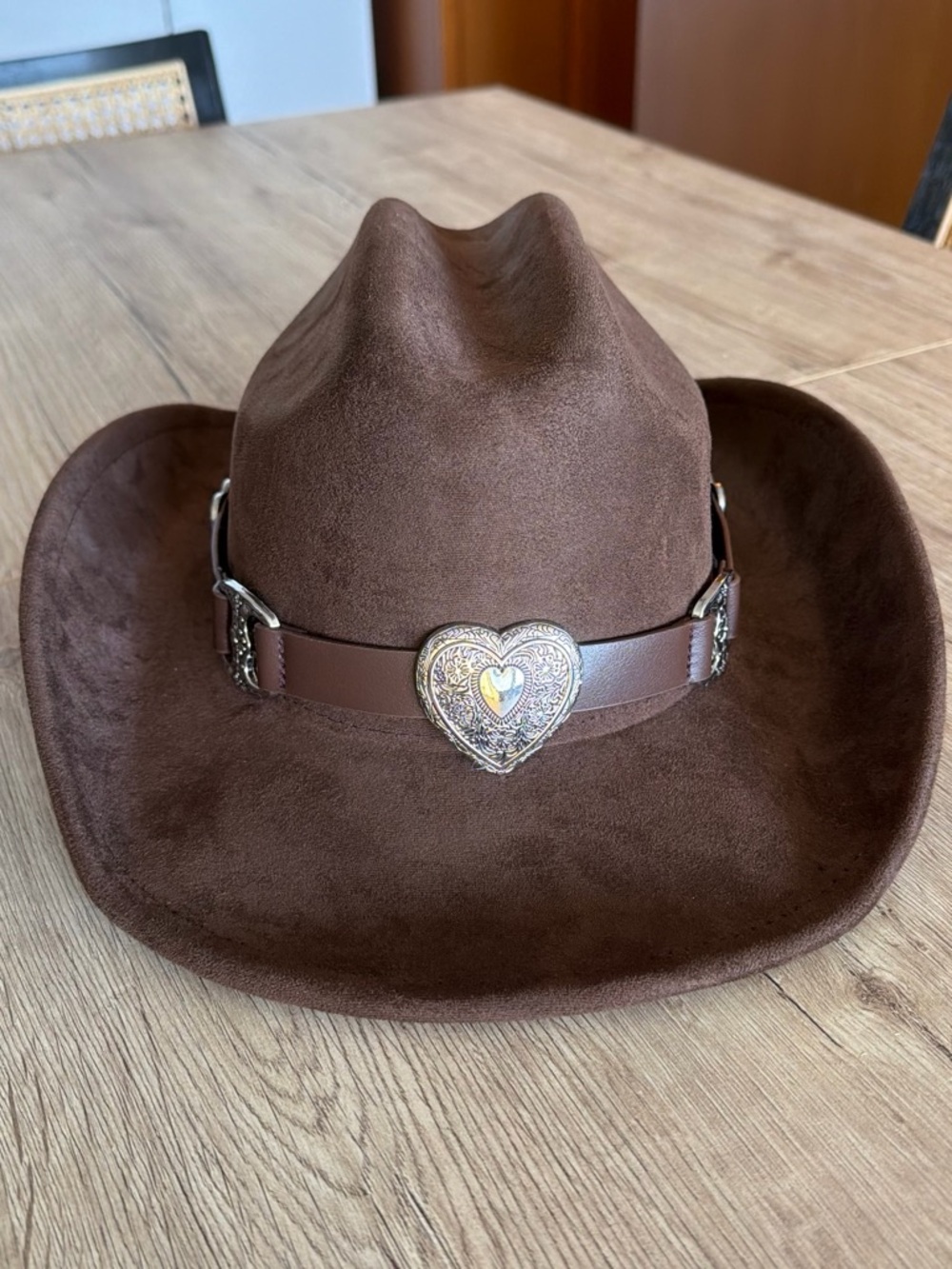Brown Suede Cowboy Hat with Decorative Heart Concho